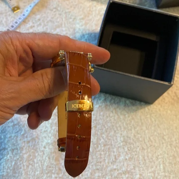 Brand New Never Worn Iceberg Gold Crystal-Studded Watch with Brown Strap